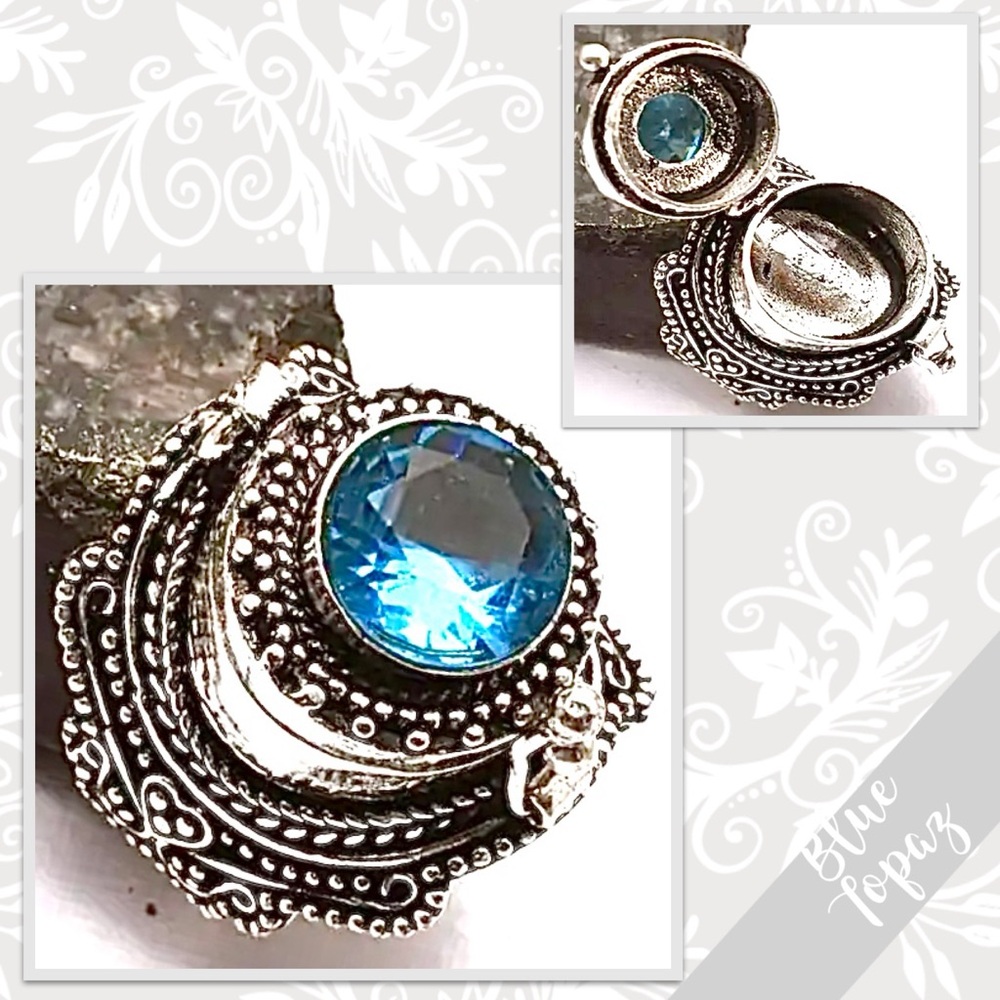 Blue Topaz Eclectic Silver Artisan Poison Ring, Size 7 (Turquoise Blue)